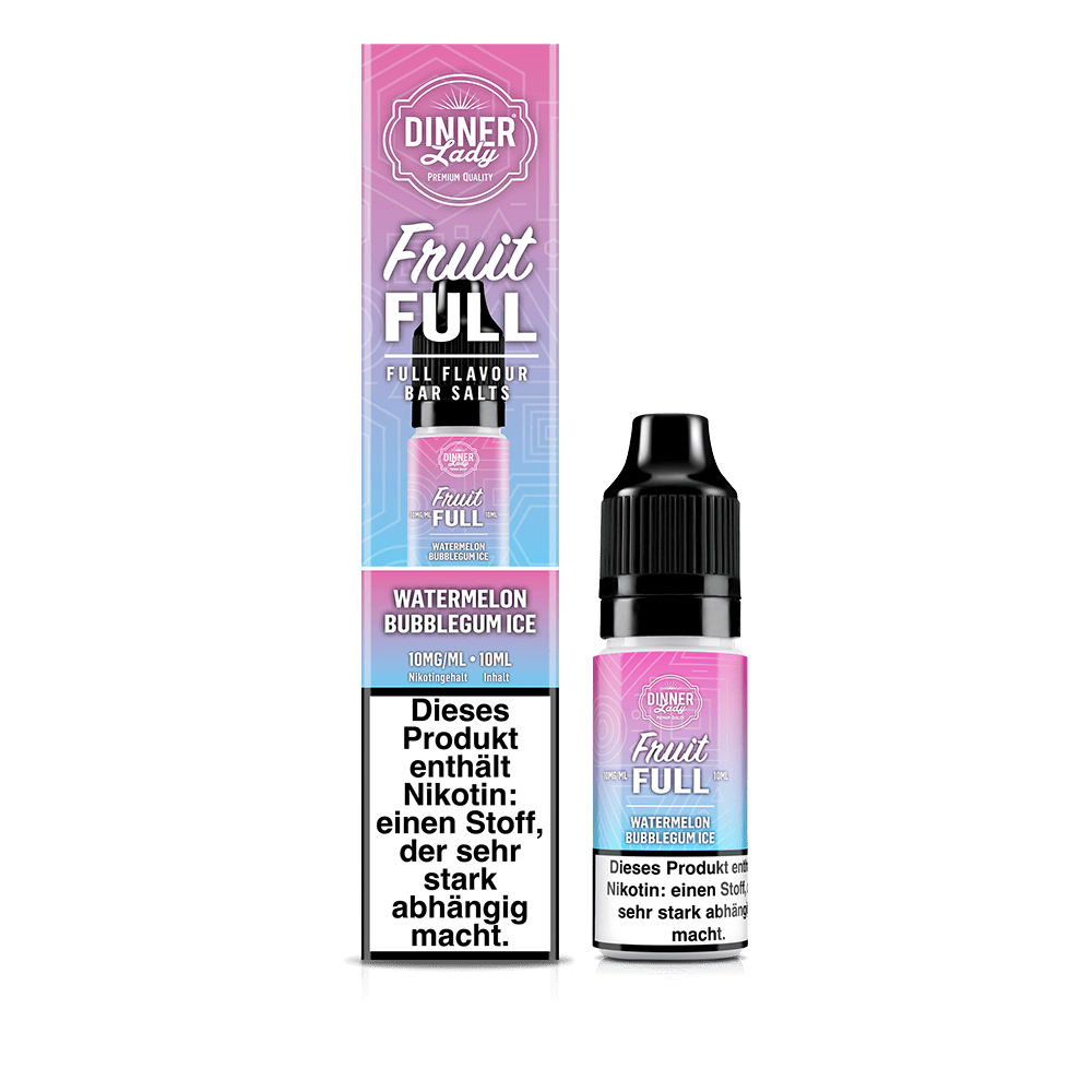 E-Liquid Flasche und Verpackung von Dinner Lady Fruit Full, Sorte Watermelon Bubblegum Ice mit 10 mg Nikotinsalz, Warnhinweis auf Verpackung.