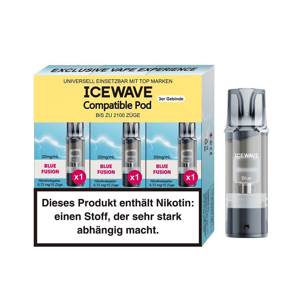Icewave Pods - Blue Fusion 20mg Icewave Pods 20mg Blue Fusion 3er Packung mit Warnhinweis: Dieses Produkt enthält Nikotin, abhängig machender Stoff.