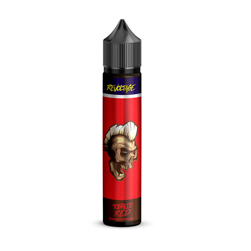 revoltage-tobacco-longfill-aroma-red Revoltage Tobacco Longfill Aroma Red Flasche mit schwarzem Verschluss, rotem Etikett, Totenkopf-Design, Schriftzug Tobacco Red und klassisch trocken.
