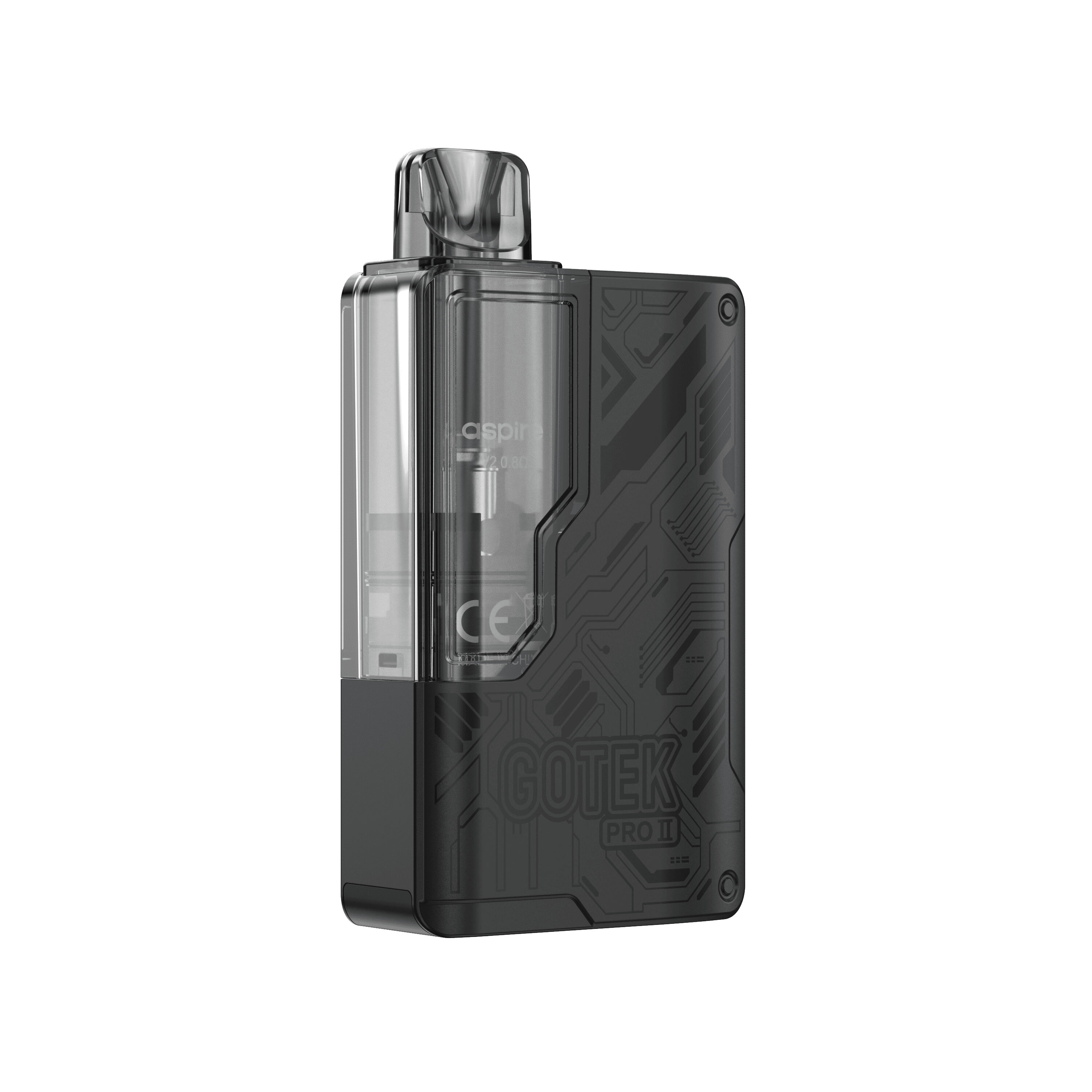 Aspire Gotek Pro 2 Pod Kit in Schwarz mit sichtbarem Aspire-Klarpod und dekorativer Schaltkreismusterung auf der Gehäuseseite.