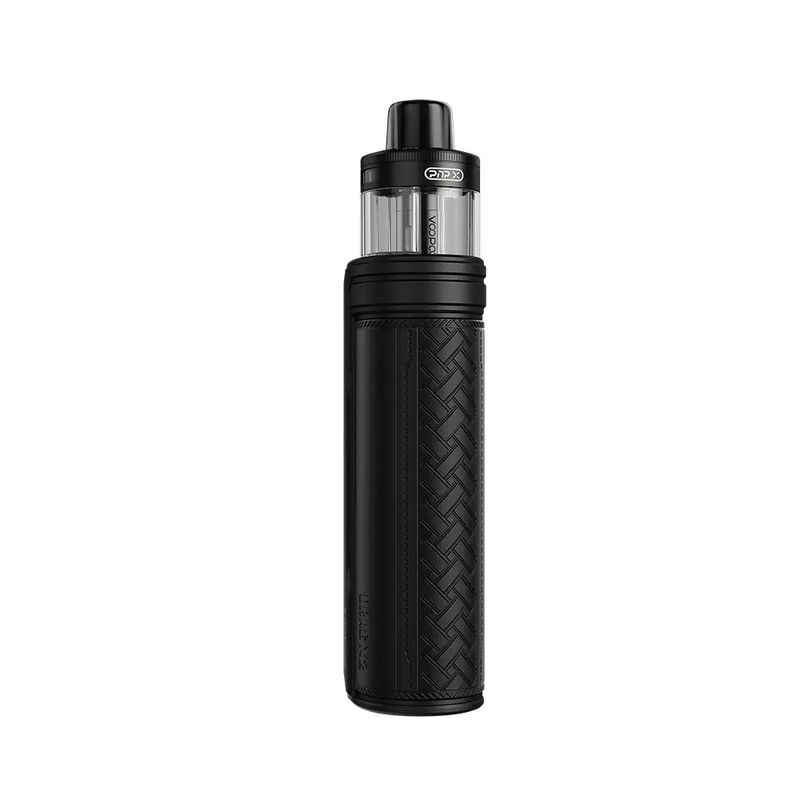 Voopoo Drag X2 Pod Kit in Schwarz mit geflochtenem Design auf der Hülle, durchsichtigem Tank und schwarzem Mundstück