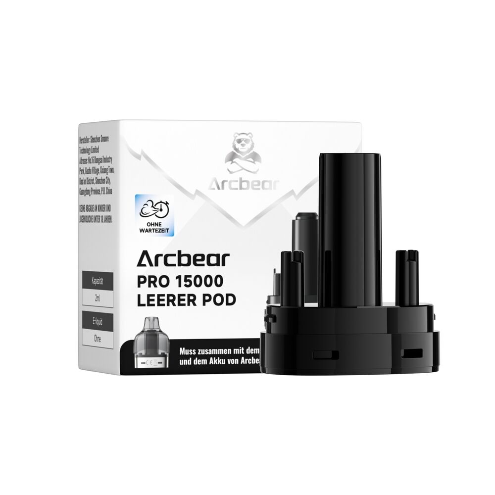 Arcbear Pro 15000 Leerpod neben einer Verpackung mit Logo, Text und einer Abbildung, die leere Pods zeigt, auf weißem Hintergrund.