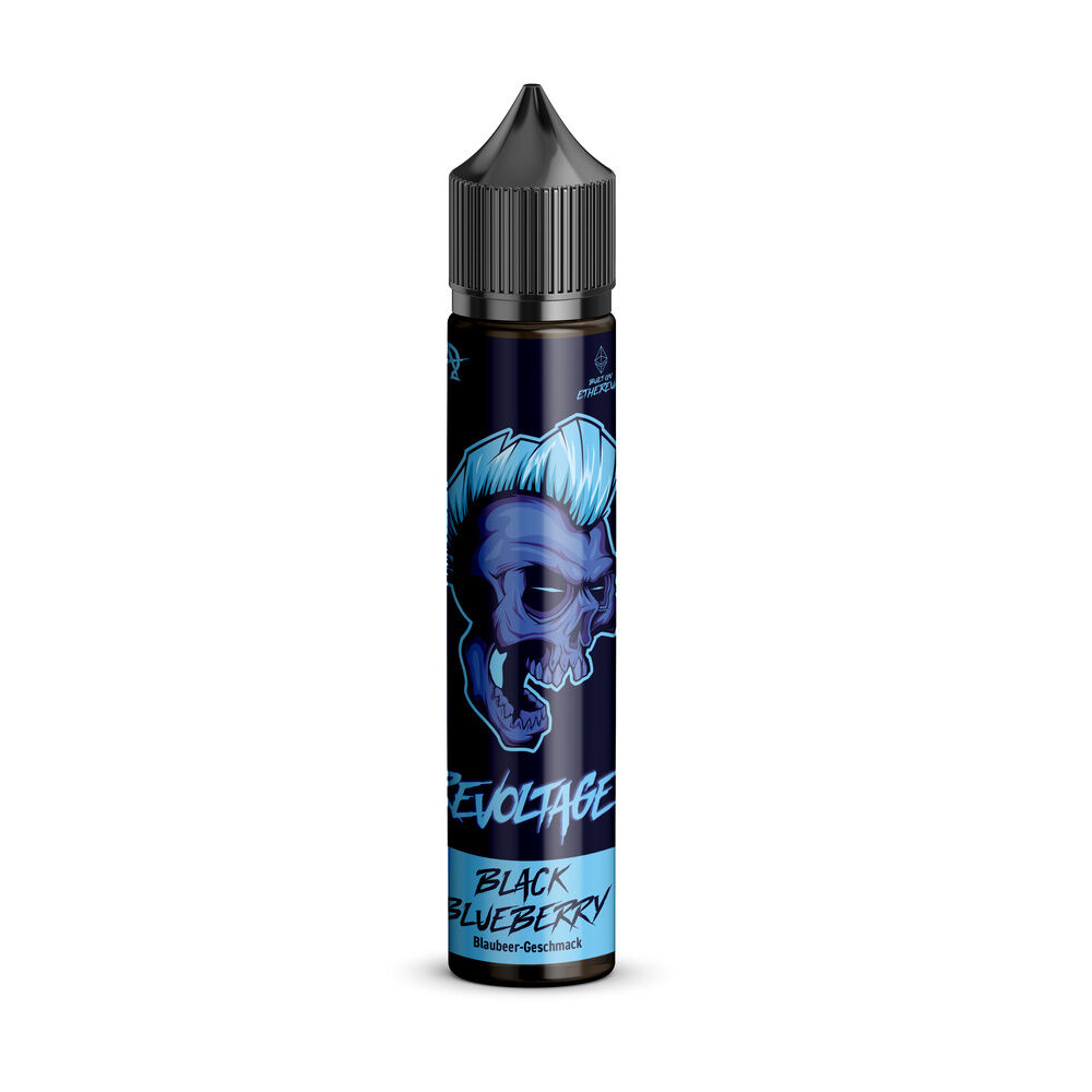 Revoltage Longfill Aroma Flasche, Black Blueberry Geschmacksrichtung, dunkelblaues Design mit Totenkopf und hellblauem Schriftzug.