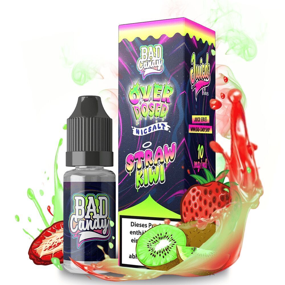 Liquid Straw Kiwi 20mg - Bad Candy Overdosed E-Liquid-Flasche und Verpackung von Bad Candy Overdosed Nicsalt Straw Kiwi 20mg, umgeben von spritzigen Erdbeeren und Kiwi.