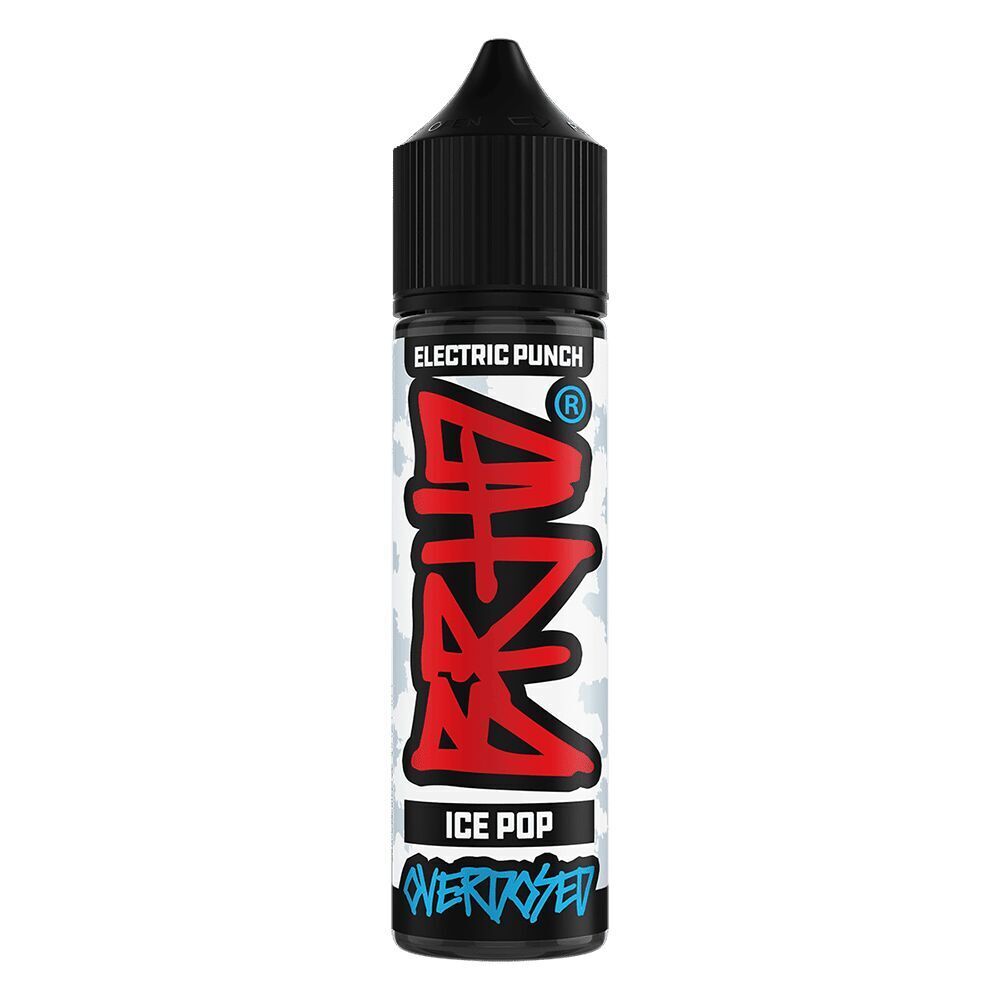 Aroma Ice Pop von BRHD BRHD Aroma Ice Pop Flasche mit schwarzem Verschluss, grafischem Etikett in Rot und Blau, Schriftzug Electric Punch und Overdosed sichtbar.