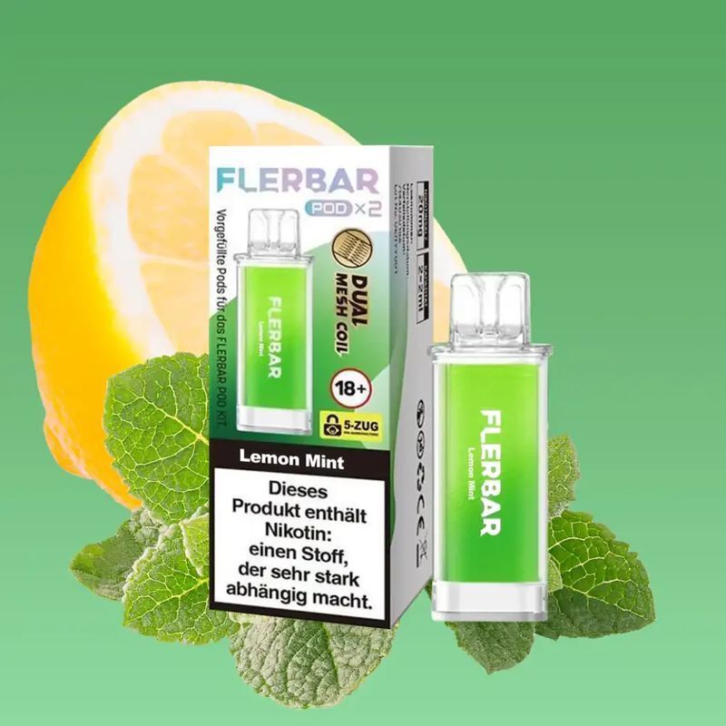 Lemon Mint 20mg - Flerbar Pods Flerbar Pods Lemon Mint 20mg Verpackung und Pod vor grünem Hintergrund mit Zitronen- und Minzmotiven, Hinweis zur Nikotinsucht.