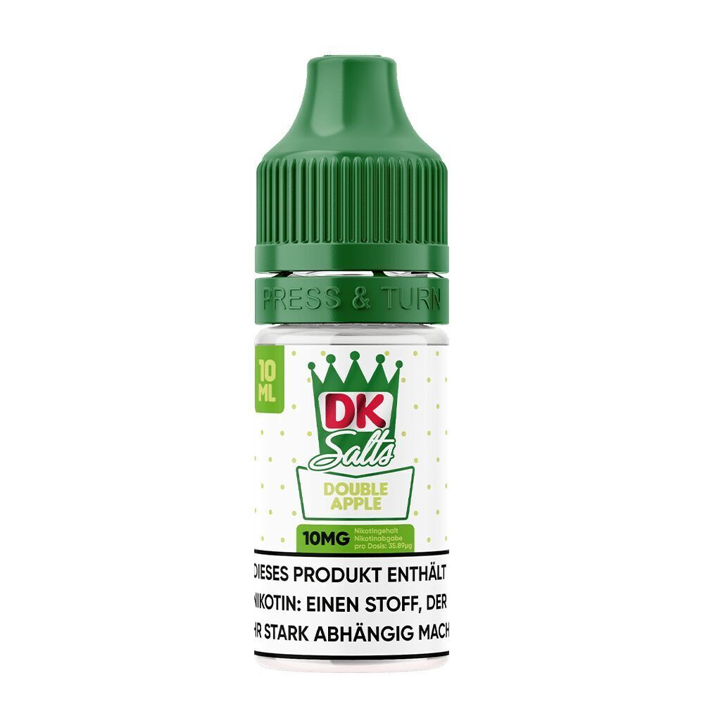Liquid Double Apple 10mg - DK Salts 10ml DK Salts Nikotinsalz-Flasche mit grünem Deckel, Etikett mit Krone und Text "Double Apple" sowie Warnhinweis über Nikotin.