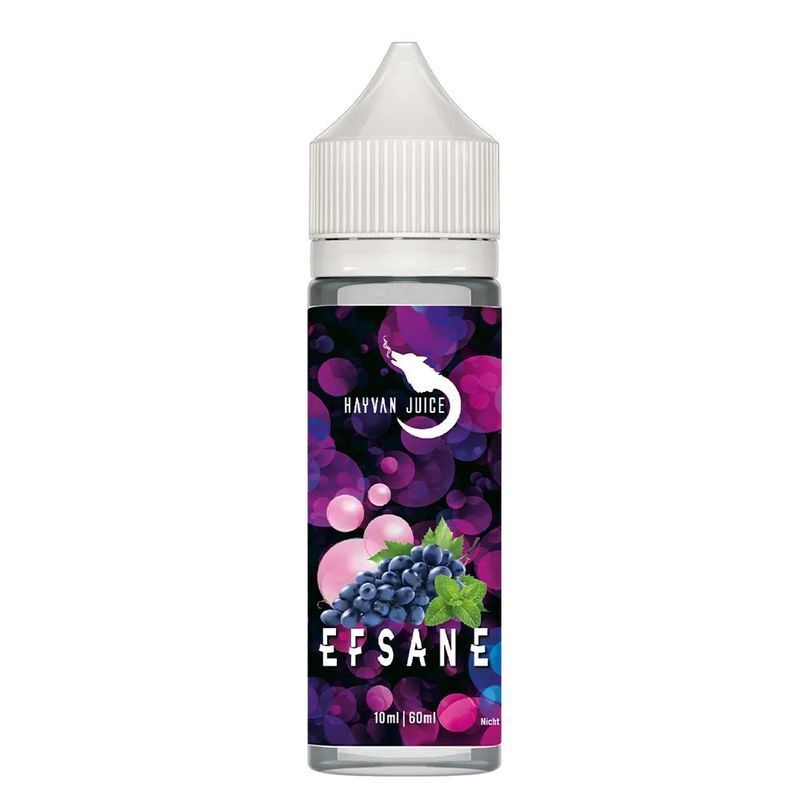 Aroma Efsane von Hayvan Juice Hayvan Juice Aroma Efsane Flasche mit buntem, blasenförmigem Design, großen Trauben und grünen Blättern auf dem Etikett.