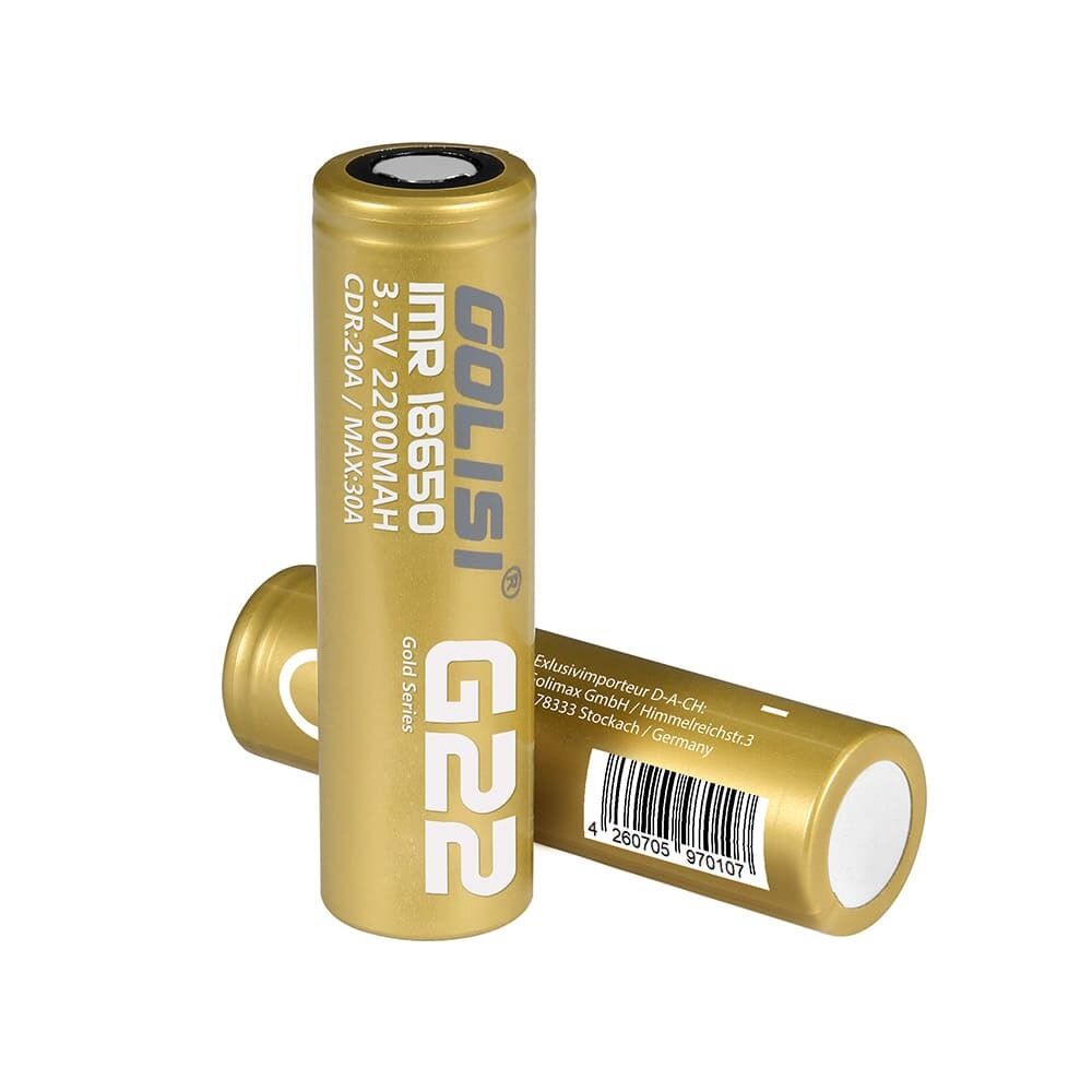 Golisi G22 Akku 18650 2500mAh Golisi G22 18650 Akku, goldene Farbe, 2200mAh, 3.7V, IMR, mit sichtbarer Beschriftung und Barcode.