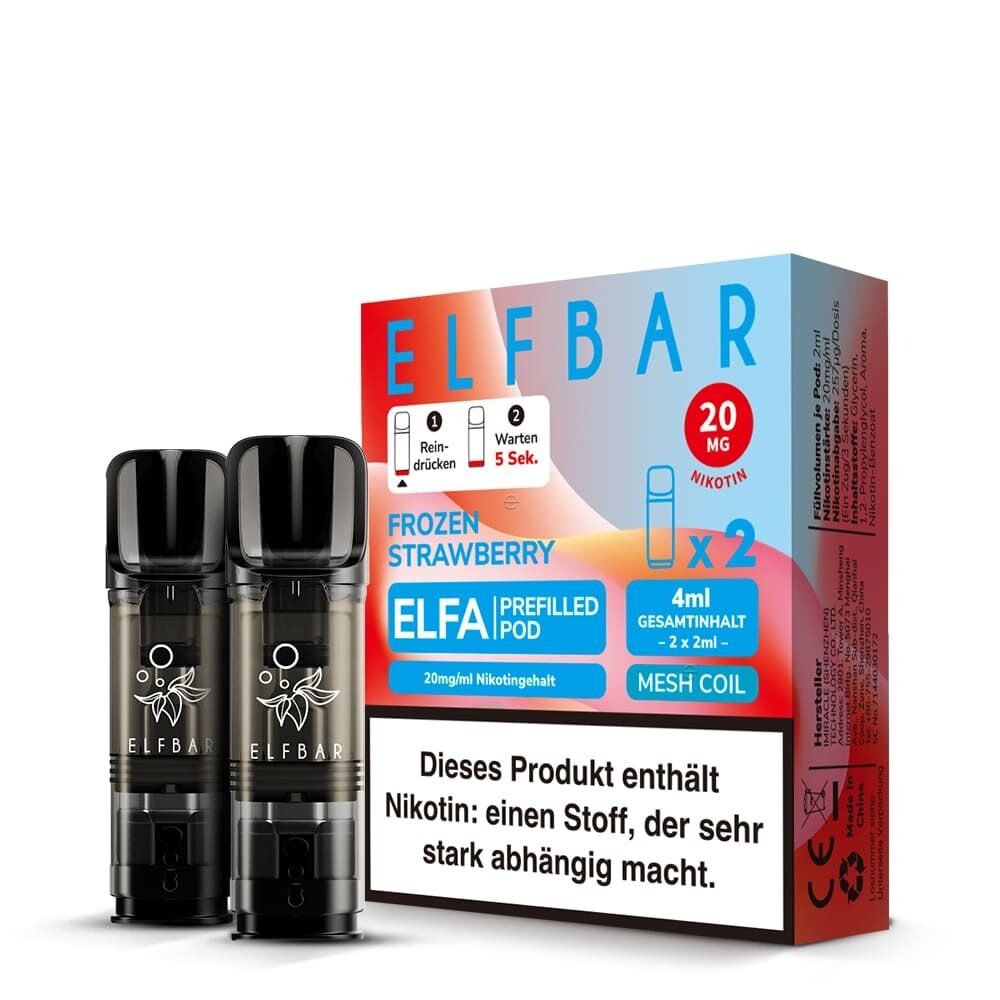 ELB560 Elfbar ELFA Pods, Frozen Strawberry 20mg, zwei schwarze E-Zigaretten-Pods vor einer Verpackung mit 20 mg Nikotin-Warnhinweis.