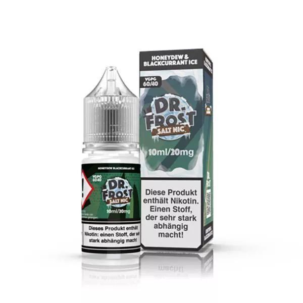 Liquid Honeydew & Blackcurant Ice mit 20mg Nikotin von Dr. Frost Dr. Frost Nikotinsalzflasche und Verpackung, Honeydew & Blackcurrant Ice, 10ml/20mg, mit Warnhinweis zu Nikotin.