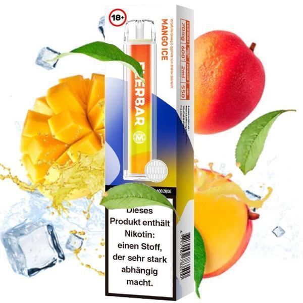 Mango Ice mit 20mg Nikotin Flerbar E-Shisha Flerbar Mango Ice 20mg Vape, umgeben von Mangos, spritzendem Wasser und Eiswürfeln, mit Warnhinweis "Dieses Produkt enthält Nikotin" auf der Verpackung.