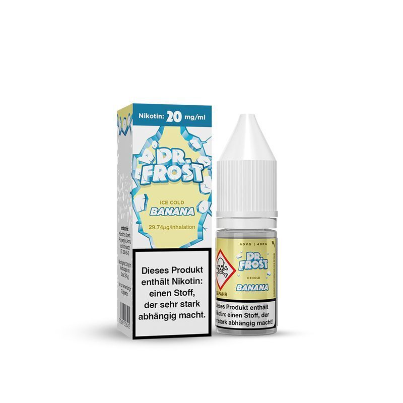 Liquid Ice Cold Banana mit 20mg Nikotin von Dr. Frost Dr. Frost Nikotinsalz-Flasche und -Verpackung, Ice Cold Banana, 20mg Nikotin, mit Warnhinweis zur Abhängigkeit und eiskaltem Bananen-Design.