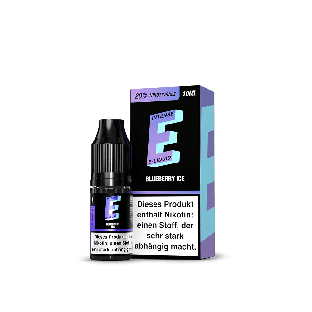 TVE E-Intense Nikotinsalz - Blueberry Ice Flasche und Verpackung von TVE E-Intense Nikotinsalz - Blueberry Ice 20mg, mit blauem Logo und Hinweis auf Nikotingehalt
