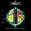 SKE Crystal Pro Pods Kiwi Passion Fruit Guava 20mg, schwarzer Pod vor Früchtemix mit Kiwi, Passionsfrucht, Guave, Textdetails im Hintergrund.