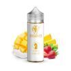Dampflion Checkmate Aroma White Knight Flasche mit Mangostücken, Erdbeeren und Sahne im Hintergrund