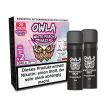 Owla Pods White Peach Razz 20mg, zwei schwarze Pods neben Verpackung mit Eulenmotiv und Nikotin-Warnhinweis