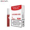 Oxva Slimstick Pods-Lychee Ice 20mg Verpackung und ein einzelner roter Pod-Stick, Warnhinweis zu Nikotinabhängigkeit deutlich sichtbar